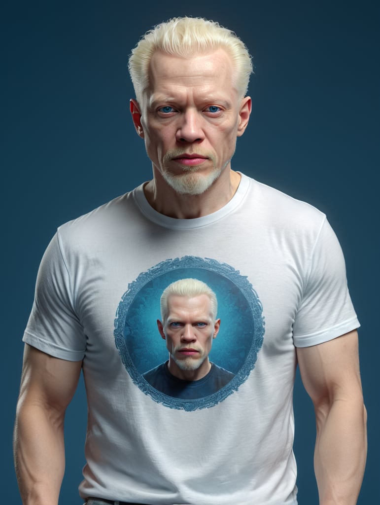 A middle-aged albino man wearing a white T-shirt, isolated, blue background, mockup, mock up