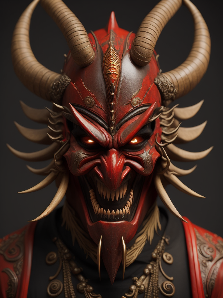 wooden red japanese demon mask with fangs and horns, black background, aggressive, Depth of field, Incredibly high detail