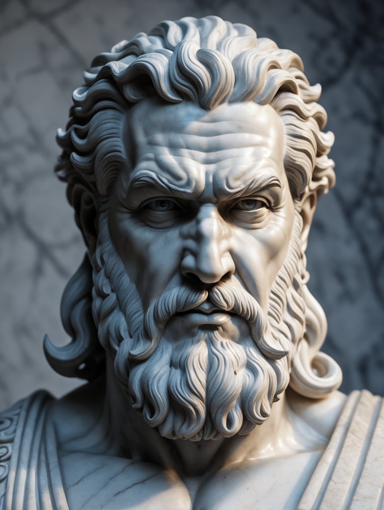 A realistic portrait white greek marble statue of a zeus, neutral background, moody, angry, photorealistic, movie scene, super detailed, hyperrealistic