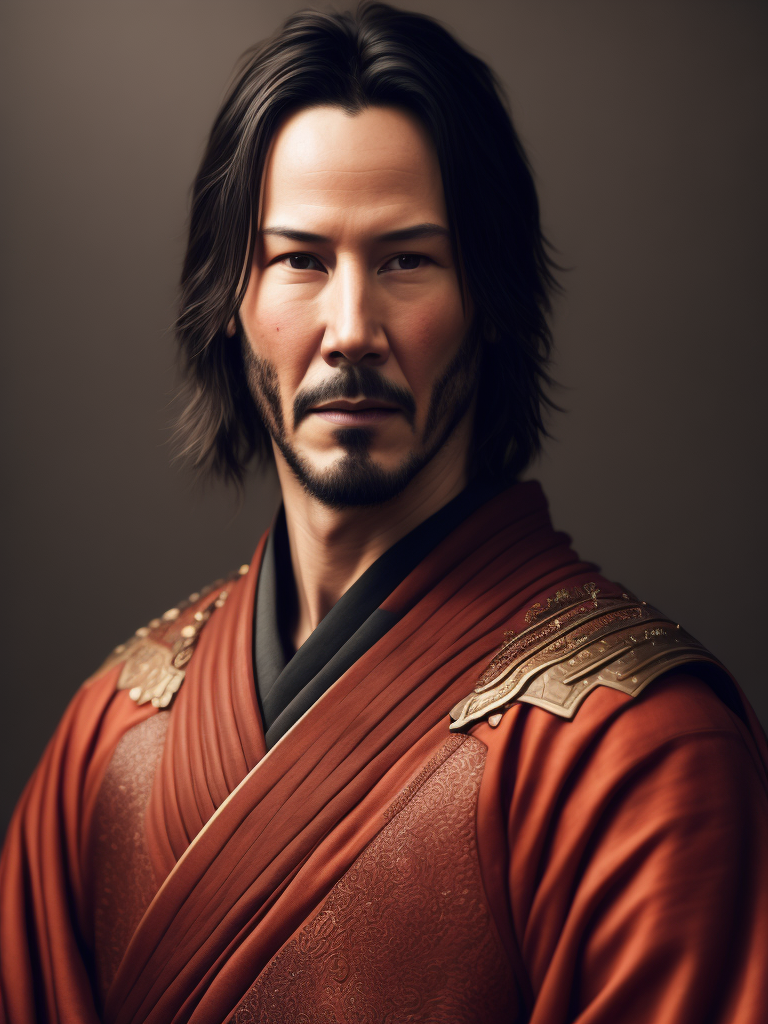 Portrait of Keanu Reeves as a samurai in a red kimono, serious look, detailed background in an oriental style, bright saturated colors