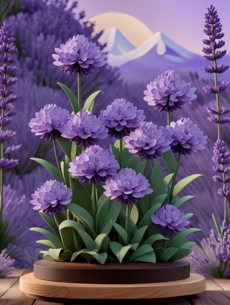 lavender flowers made of paper on a wooden stand made of dark bog oak against a background of lavender