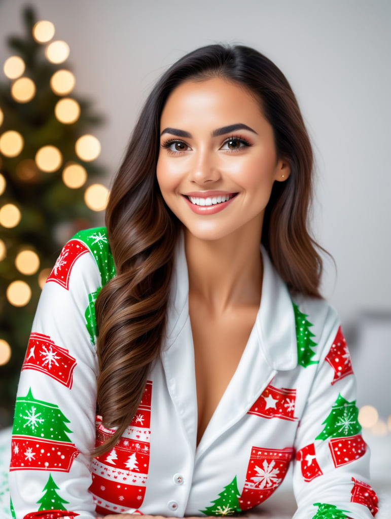 perfect face latin girl with xmas pijamas, glowing sking smiling xmas theme in white room spa laser diode xmas theme