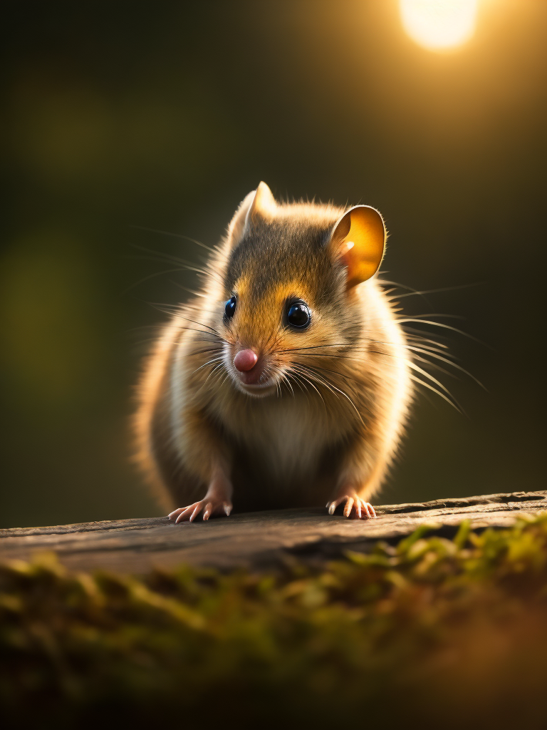 One extremely cute and fluffy dormouse, Mesmerizing colorful evening lighting, damp forest, high quality wildlife photo, National Geographic