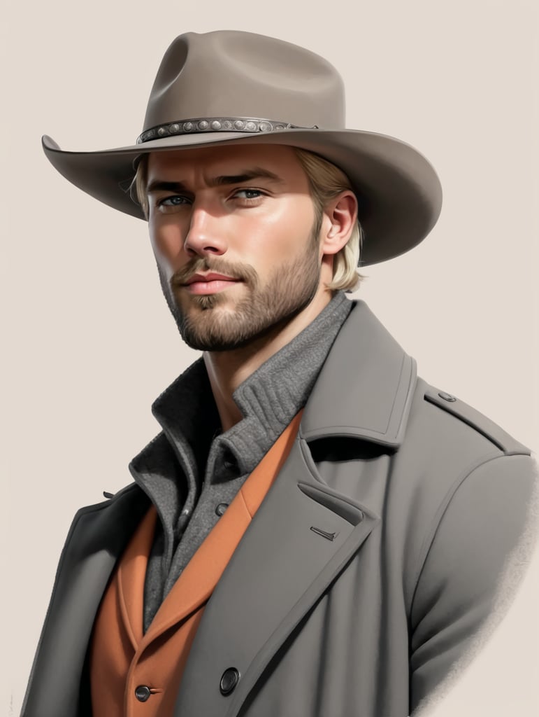 Handdraw, 30 years old blond men, 3days beard, modern western outfit, longcoat grey , melon hat grey, revolver on belt, portrait