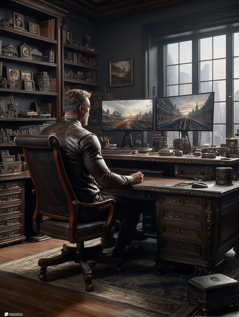 wide shot, white background, man, sitting at desk, video editing, empty, ample, capacious, and commodious