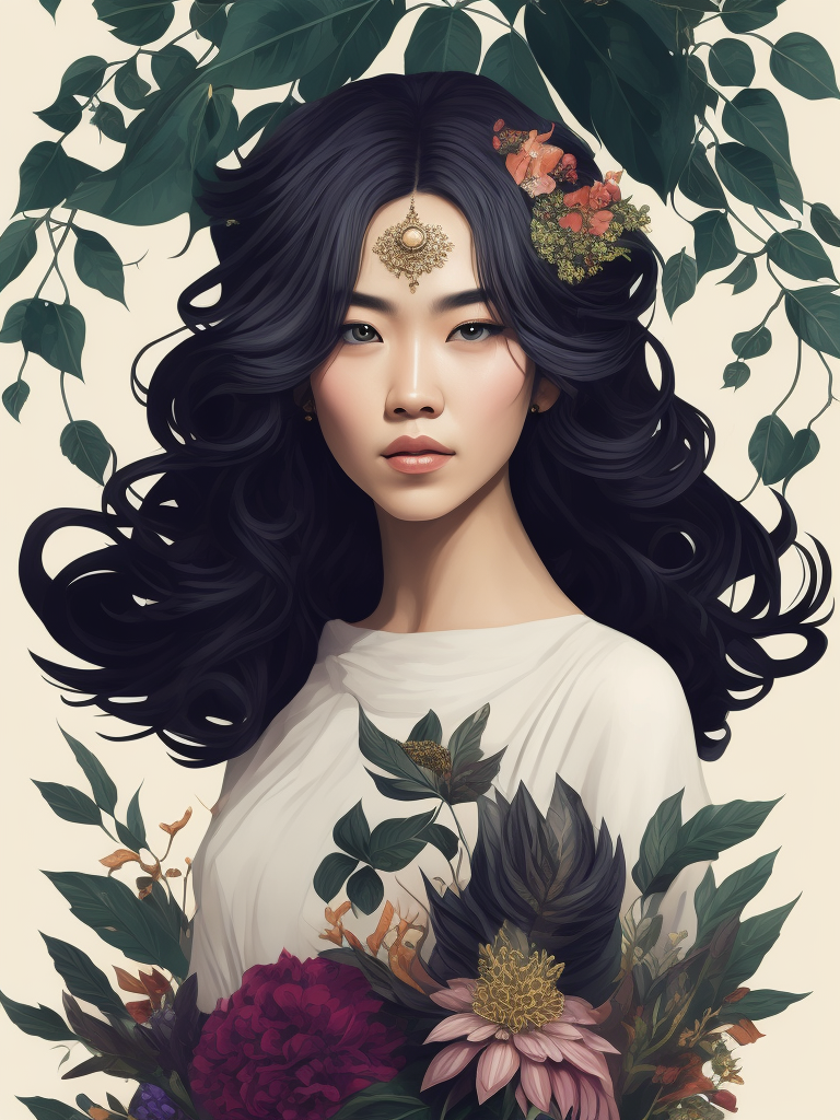 beautiful cute front portrait Korean ninfa, big long curly hair, herbs pastel colors, next to a white tree with green leafs, fliying blue birds, flowers purple by victo ngai, kilian eng, dynamic lighting, digital art, art by Takato yamamoto