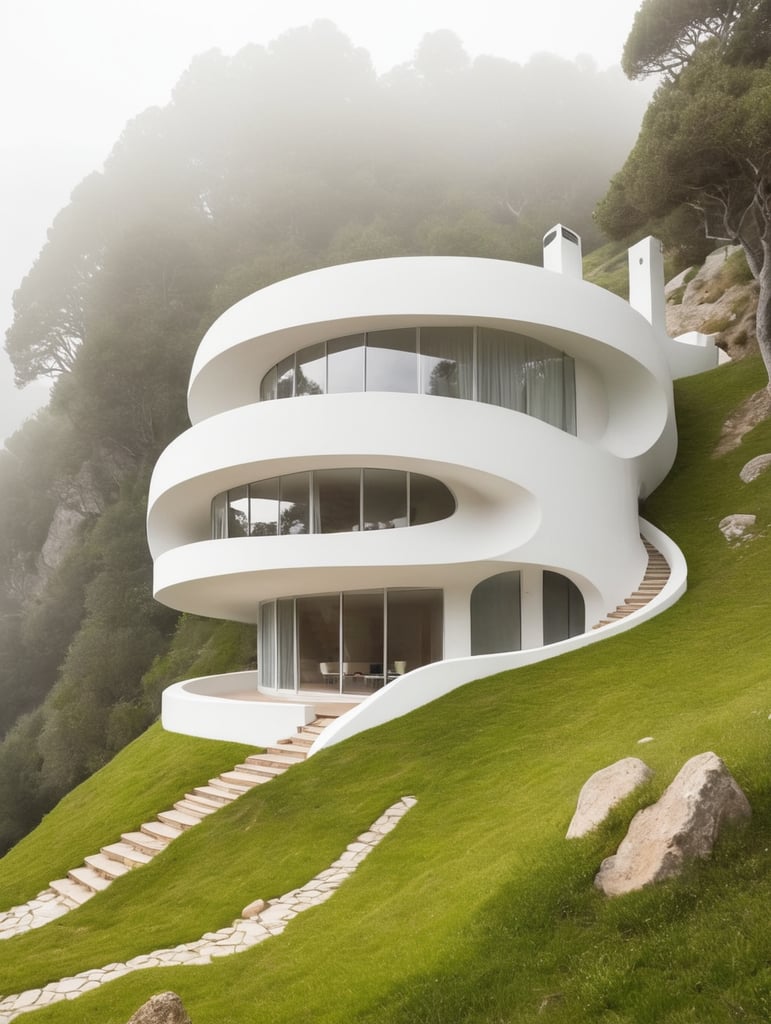 Modern_Elfin_house_on_a forest hillside:: two_levels, partially_submerged into_the_hill:: biomorphic architecture:: Earth roof with lawn:: facades _with_superlarge_windows:: elfin medieval motifs of decoration and architecture:: an_awe-inspiring_art_scene filled_with_feelings_of_tranquility_nostalgia_comfort::