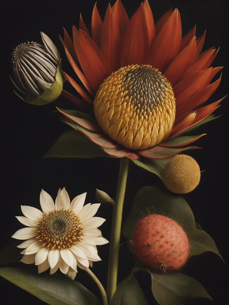 Detailed king proteas and pincushions against a black backdrop by martin johnson heade, artstation