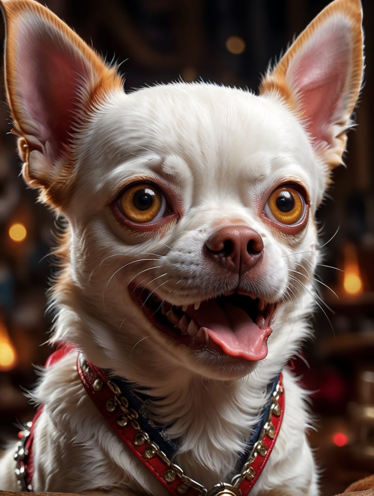 Disney poster of a red-and-white chihuahua with big eyes