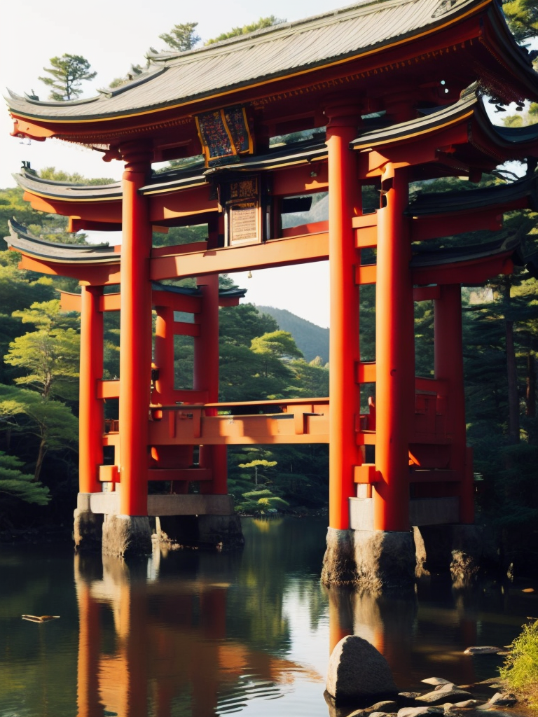 Red torii gate in middle of a lake, Dense forest on the edge of the lake, Bright and saturated colors, Japanese culture, photorealistic, contrast light