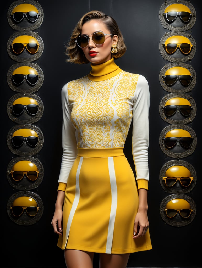 Front profile full body photography, in front of black wall, a hip hop 80's British model woman with 50's haircut, in a yellow and white turtleneck dress and large sunglasses, art by Sergio Lopez and Salvador Dali