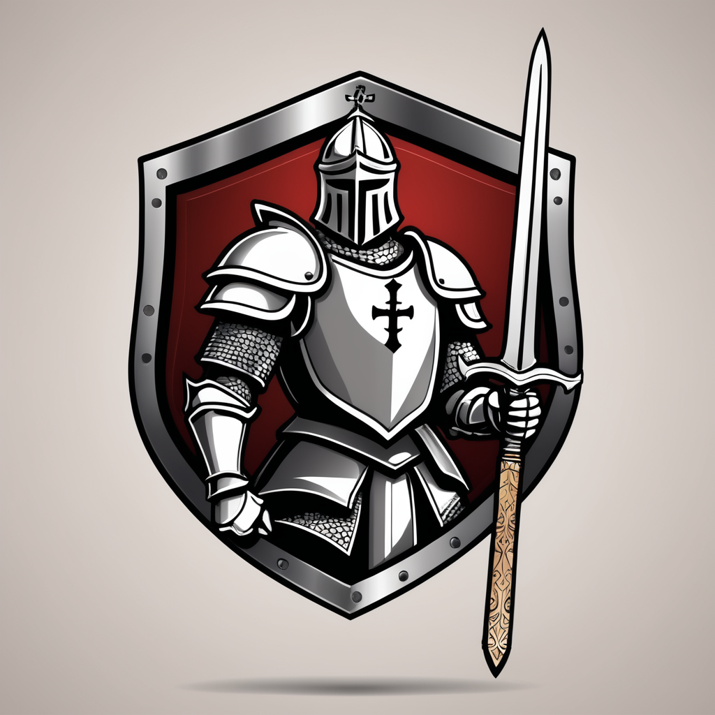arafed knight with sword and shield logo design, strong fantasy knight, professional logo design, sword design, medieval knight, (((knight))), fantasy knight, holy crusader medieval knight, logo vector art, medieval holy crusader knight, armored knight, high quality character design, 3 d logo, logo design, knight, medieval fantasy game art, logo concept design, illustrated logo