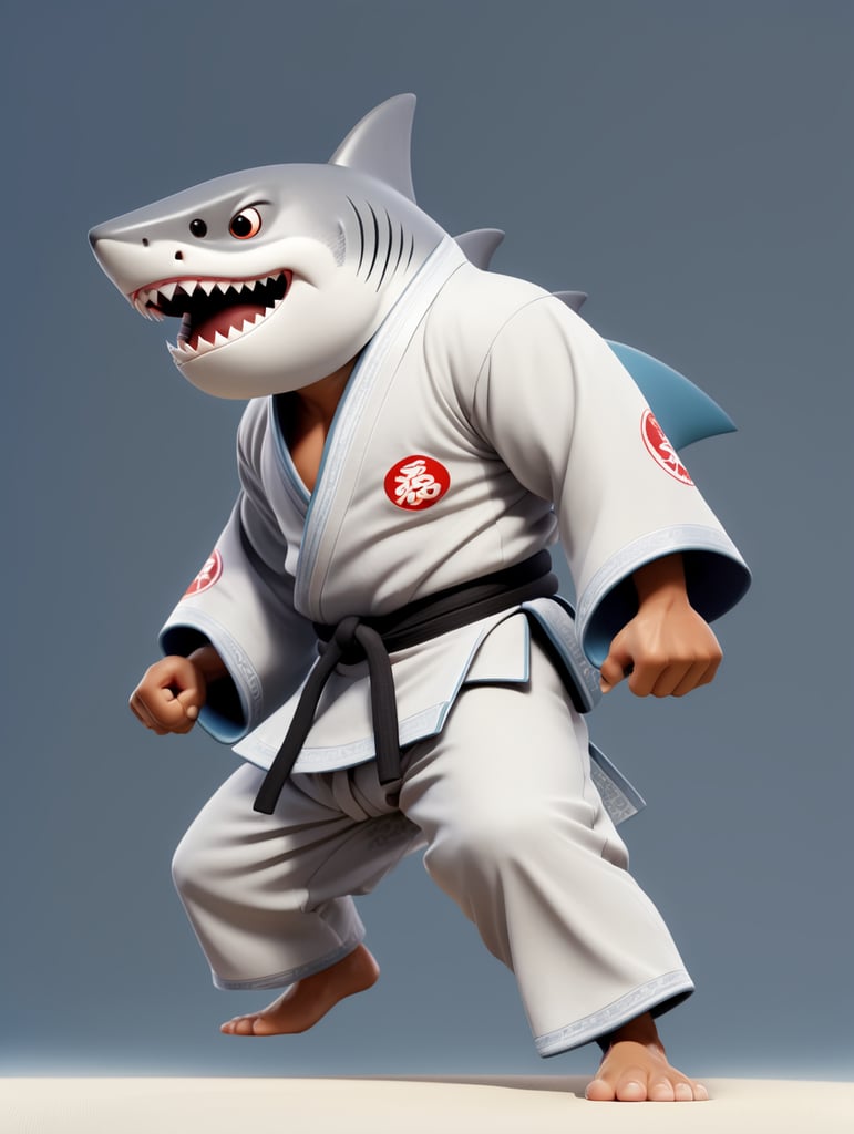 humanoid shark in judo kimono stay in action pose and angry face