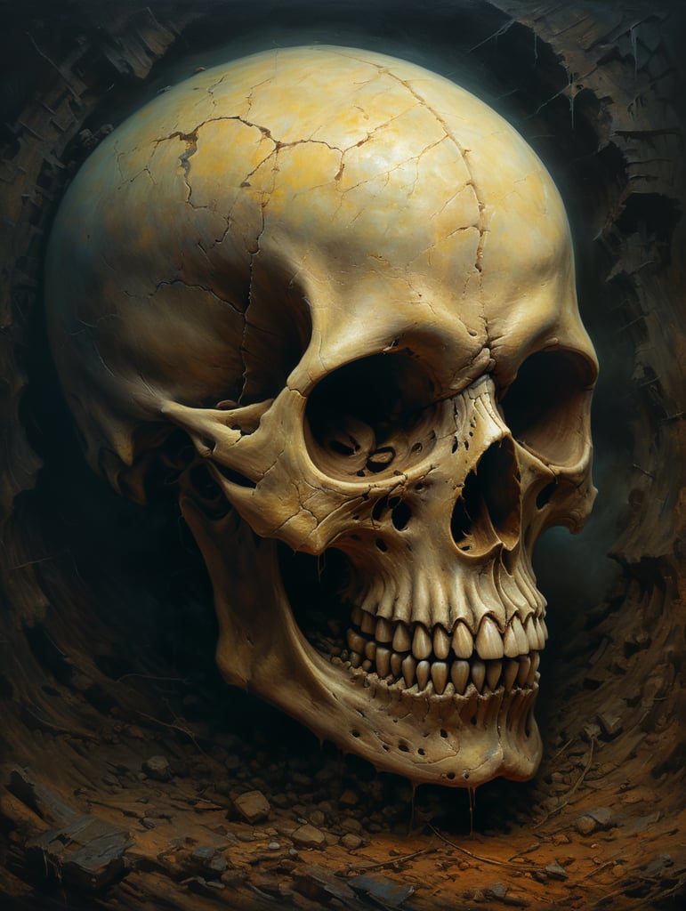 Skull painting by zdzisław beksiński with a cartoonist element to it
