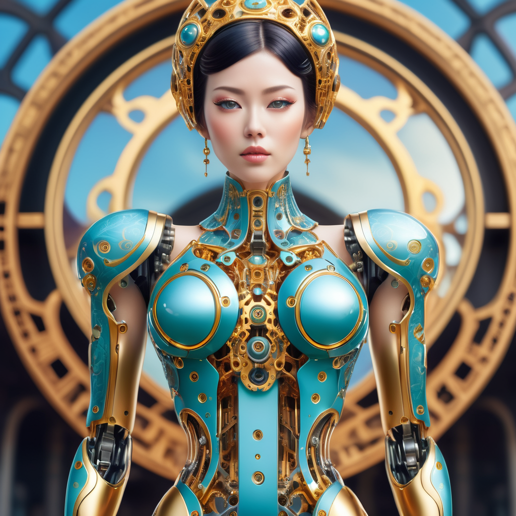 A female robot with an art Nouveau cyberpunk aesthetic, body is made from a delicate mechanical ornamental exterior reminiscent of a delicate gleaming porcelain and gold trimmed filigree should reveal a hollow see through body, hyper-surrealistic detailed 3d rendering digital art style, background galaxy sky