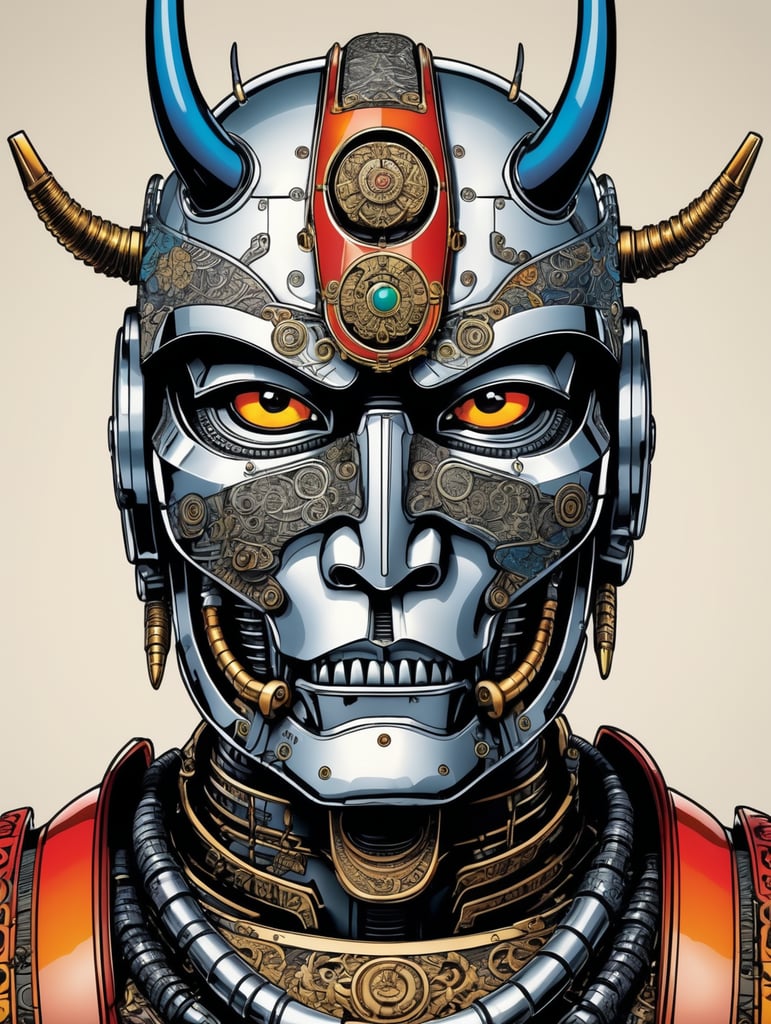 Detailed pen and ink illustration of a samurai robot cyborg, head only, detailed anthropology, minimalist background, by herge, in the style of tin-tin comics, colorful, detailed, high quality