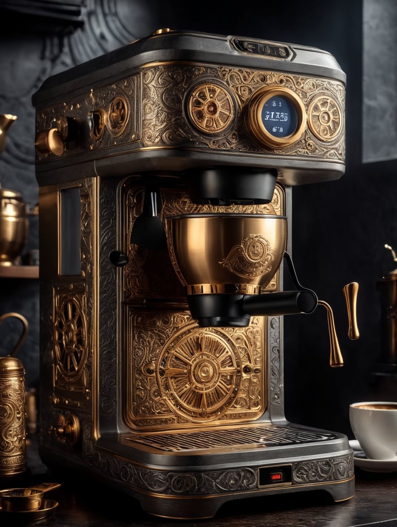 coffee maker made in steampunk style, decorated with gold, carved white plastic, ivory color, deep engraving