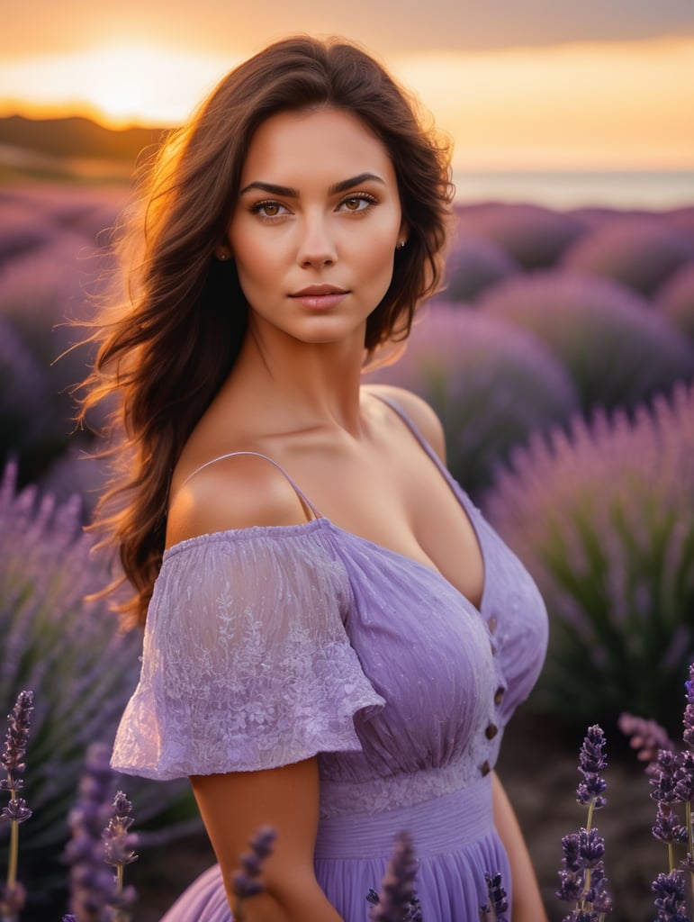 Portrait of a beautiful medium-weight brunette woman in a field of lavender with ocean in the background, blurry background, sunset, vivid colors, high contrast colors, dramatic lighting, Oregon Coast, very detailed.