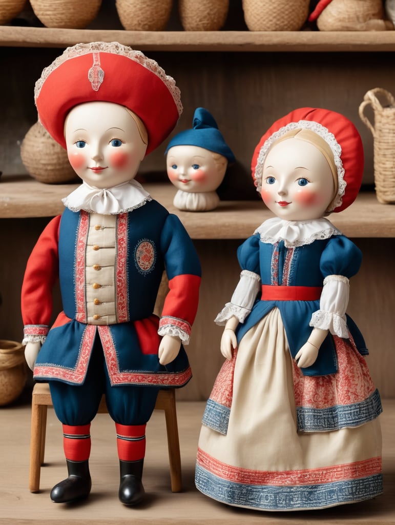 A pair of anthropomorphic dolls in the style of Dutch tradition, soft sculpture, historical subjects, Danish design, folklore theme, colorful caricature