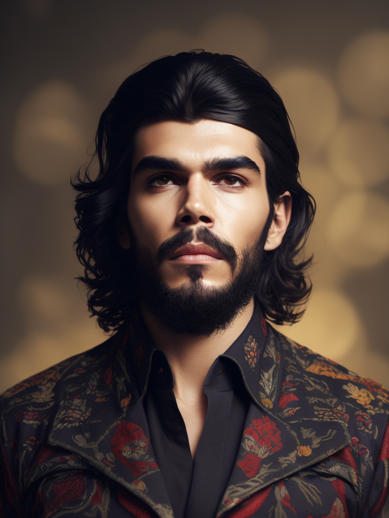 Portrait of Ernesto Guevara, known as Che Guevara, bright saturated colors, elegant, highly detailed, vogue, fashion magazine, sharp focus, bright expressive makeup, dramatic lighting, depth of field, incredibly detailed, blurred background