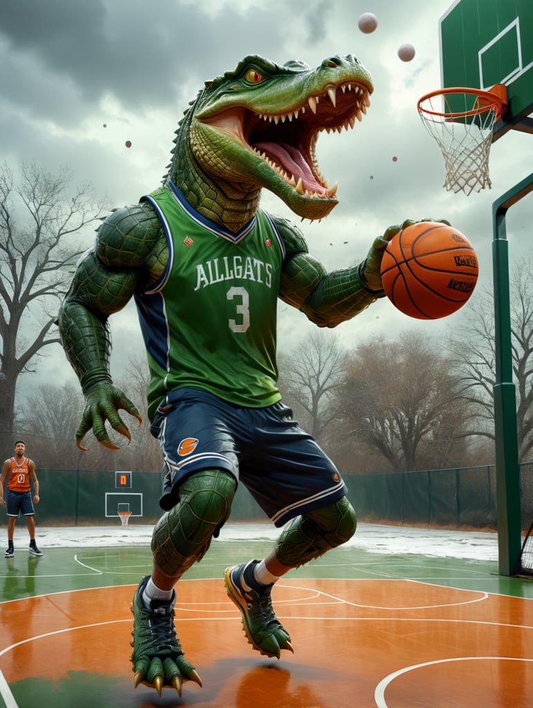 A furious alligator basketball player, dunk, green outfit, basketball court outdoor in background, winter, manga style