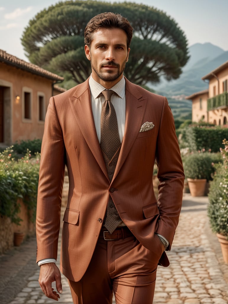 thirty years old ultrarealism man walking in a romantic Italian landscape wear a 3 pieces terracotta suit brunello cucinelli style