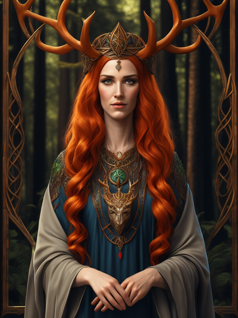 stained glass effect, celtic pagan red haired woman wearing antlers on her head, regal goddess, beautiful, in a forest, wearing ancient goddess robes with celtic embroidery, dark evening background, stained glass style