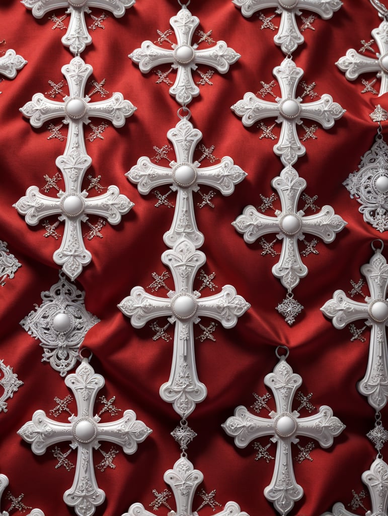 White ornament in the form of Orthodox crosses on red fabric.