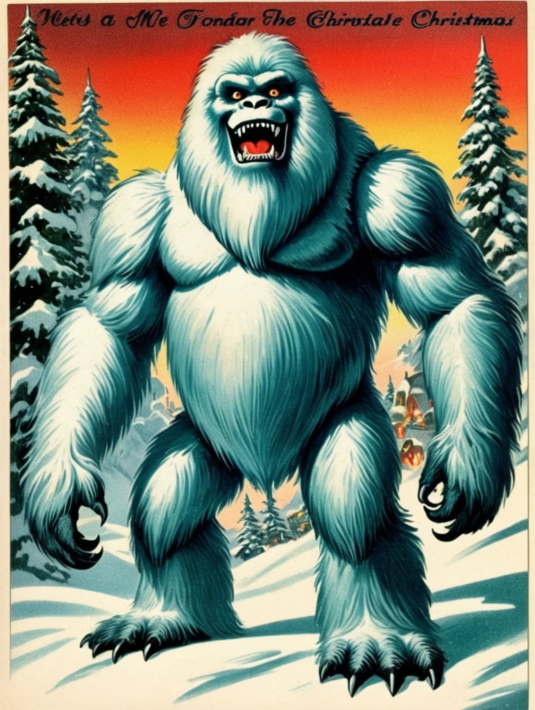 Yeti, Abominable Snowman, vintage Christmas postcard illustration