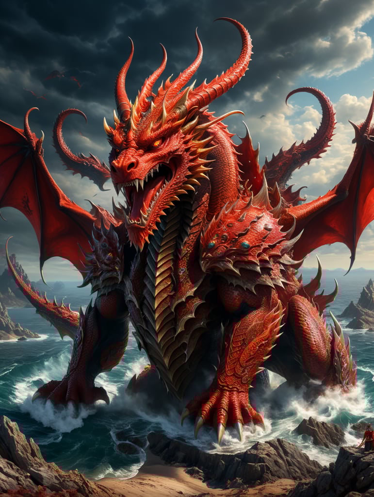 a great, fiery red dragon having seven heads and ten horns, and seven diadems on his heads. It stands by the sea, on a vast wasteland.