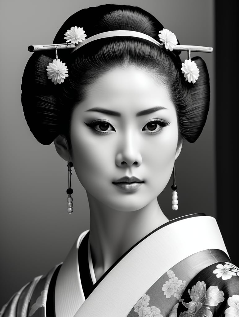 Black and white photo of geisha visas from Edo era Japan. Beautiful proportional face and perfect body, perfect flawless skin, silent beauty with absolute perfection. High contrast, superb, black background, low key photo, perfect high contrast lighting, shot on a Canon EOS 5D.