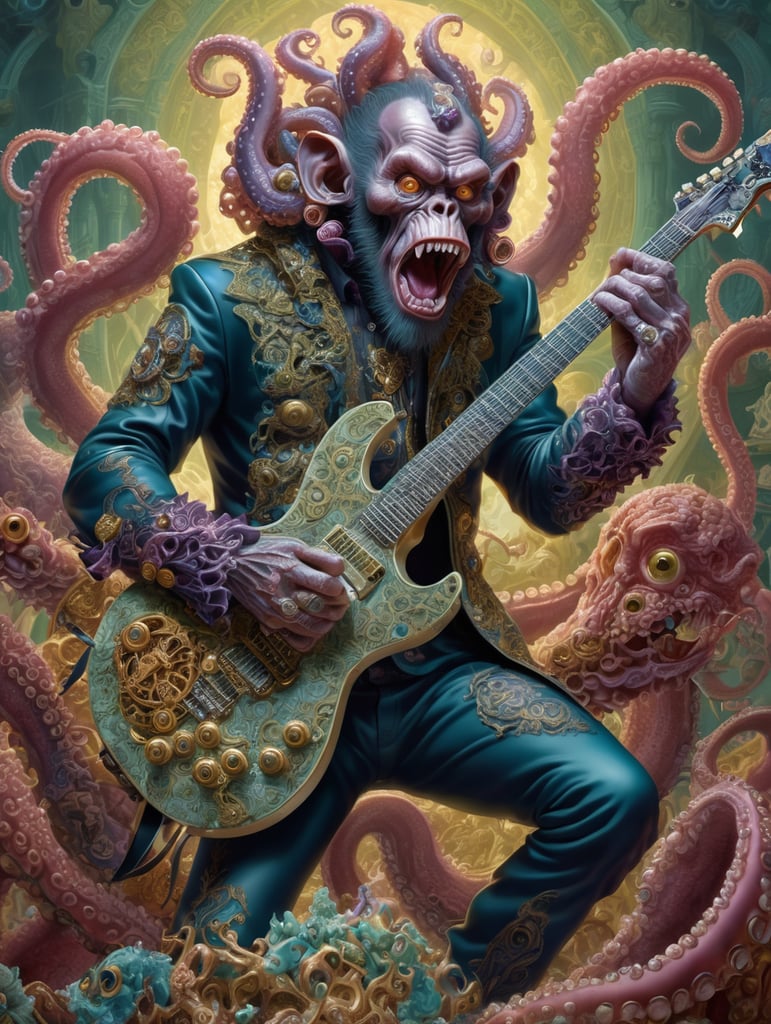 monkey octopus demon playing a heavy metal guitar, made of fractal LSD and rococo DMT, in the style of iconic album covers, style of Robert Williams, Nychos, artofsickness666, extremely detailed, insanely detailed and intricate, hypermaximalist, high detail, concept art