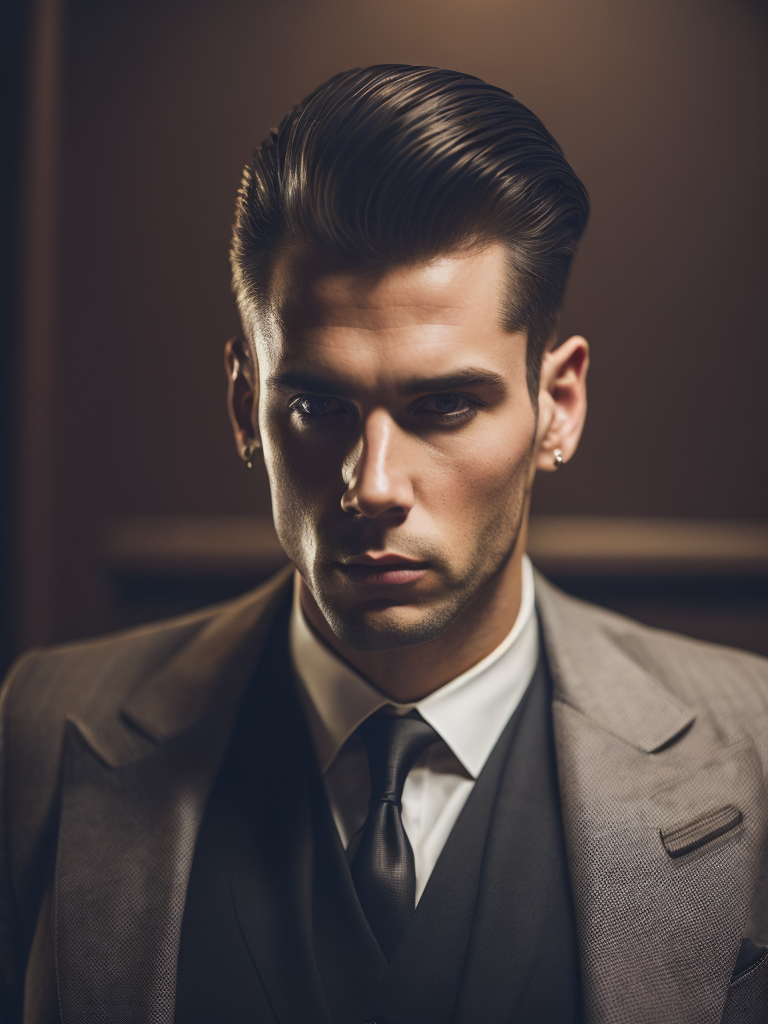 Portrait of a mafia boss in formal suit, Thick build, Hair slicked back, Aggressive look, Against a vintage interior, Subdued tones, Deep colors, contrasting light,