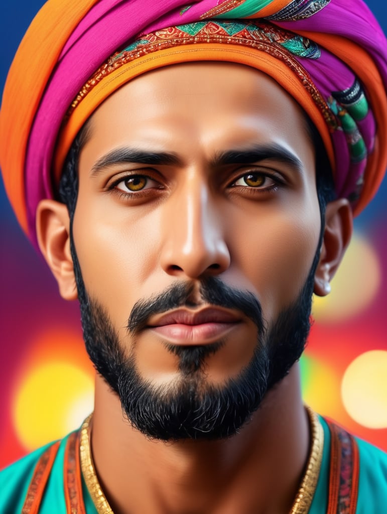 ortrait of muslim men , ultra realism, super detailed, neon colors, magazine cover, professional shot, magazine photography, bright saturated colors, sharp focus, highly detailed