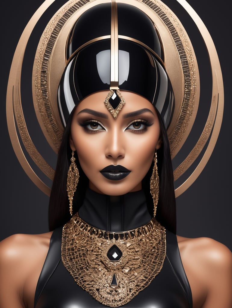 A tan-skinned Moroccan female in an all-black sleek futuristic outfit, with a huge headpiece as the centerpiece, clean makeup, with depth of field. The outfit is fantastical, edgy, and regal themed, captured in vivid colors, embodying the essence of fantasy with a minimalist approach.