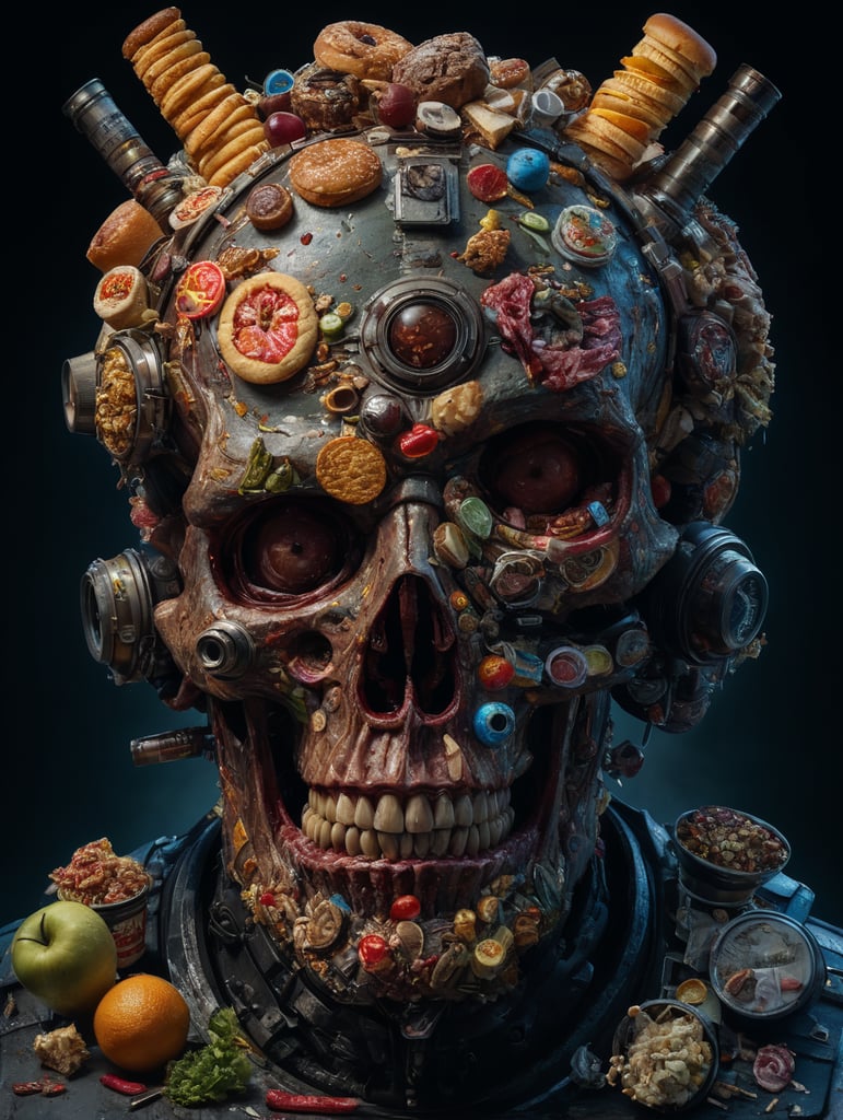The anatomy of a zoombie head made of junk food, an ultrafine detailed painting by james jean, octopath traveler, behance contest winner, vanitas, angular, altermodern, surreal