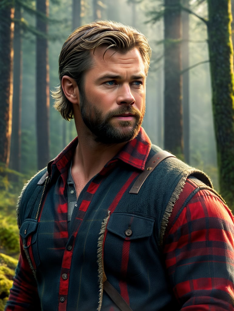 Portrait of Chris Hemsworth as a Canadian lumberjack, with a large beard and a plaid shirt, against the backdrop of a dense forest, bright saturated colors, Contrasting cinematic light