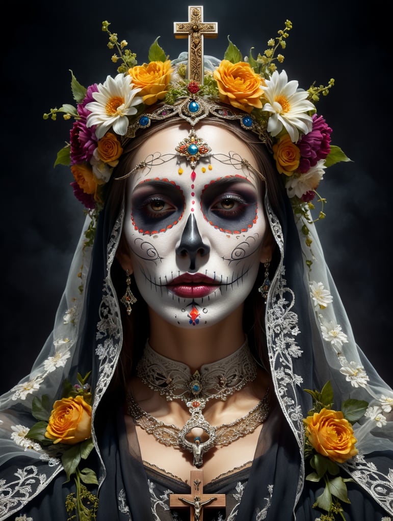 crear un logo lineal de la santa madre maquillada como el día de los muertos con un velo sobre su CABEZA y una corona de flores mientras aguanta un crucifijo