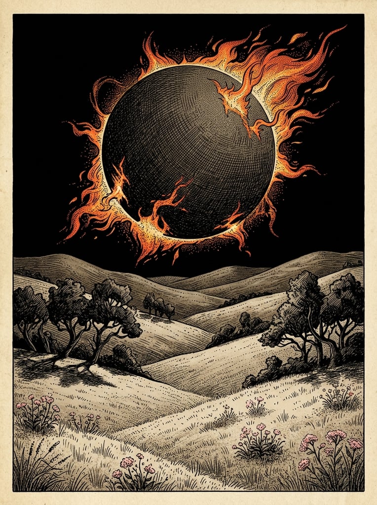 A massive, textured dark orb radiating fiery orange solar flares dominates a pitch-black sky above rolling hills. The surreal landscape features stippled pale grass, dark stylized trees, and scattered pink flowers, rendered in a highly detailed vintage line engraving and pointillism style contrasting monochromatic earth tones with vibrant cosmic fire.
