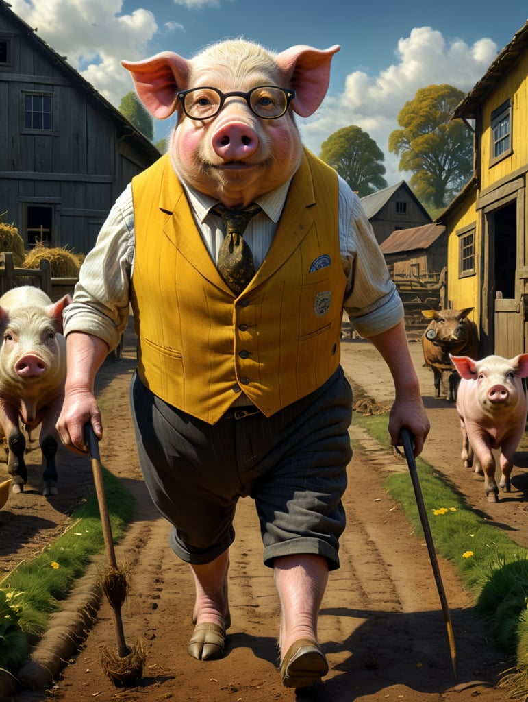 A very old but learned pig, wearing round glasses, walking through a farmyard wearing a mustard yellow waistcoat.