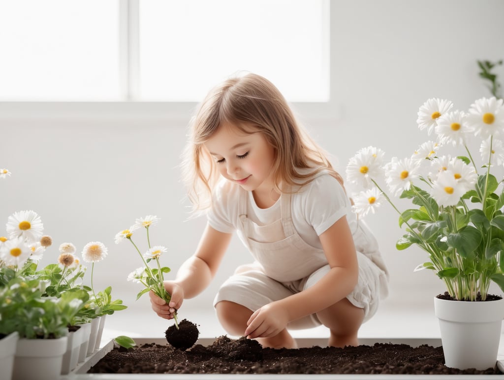 maza meitenīte stāda puķes