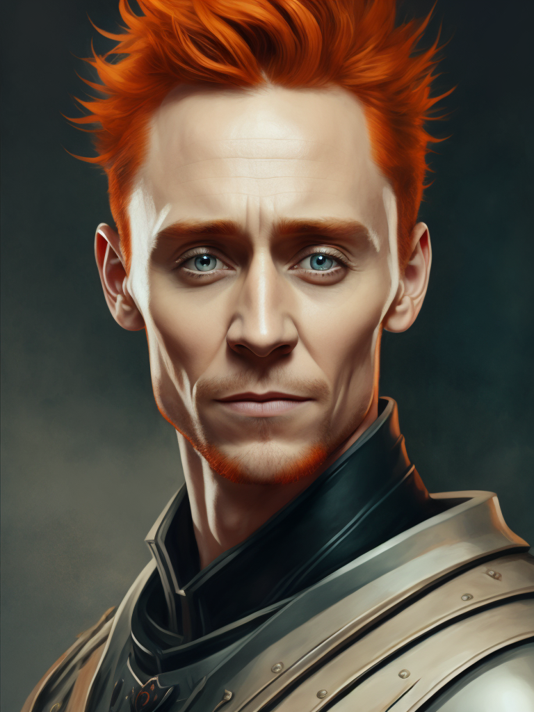 Portrait of Tom hiddleston with red hair in medieval style, detailed face, contrasting light