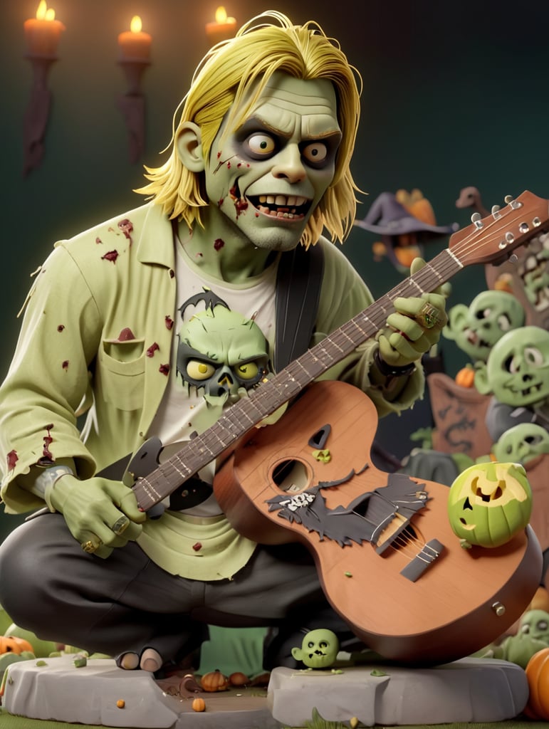 Kurt Cobain as a zombie, playing an acoustic guitar, green and black colors, Halloween style