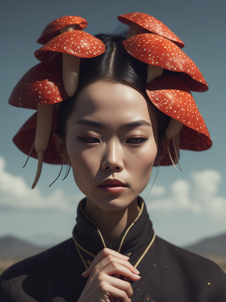 Pretty chinese model with hallucination mushrooms, by martine johanna and simon stalenhag and chie yoshii and casey weldon and wlop, bright and saturated colors, elegant, highly detailed, vogue, fashion magazine, sharp focus