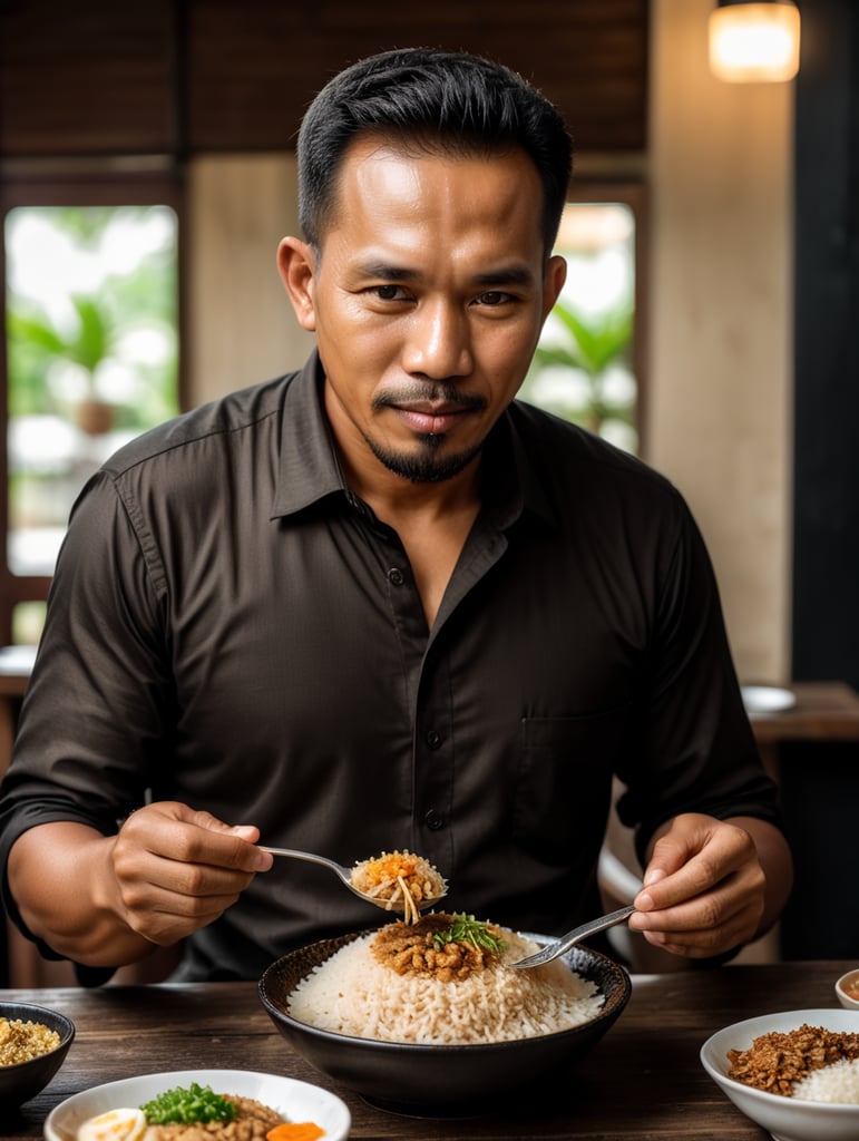 seorang lelaki melayu sedang makan nasi. berbaju warna coklat dan hitam