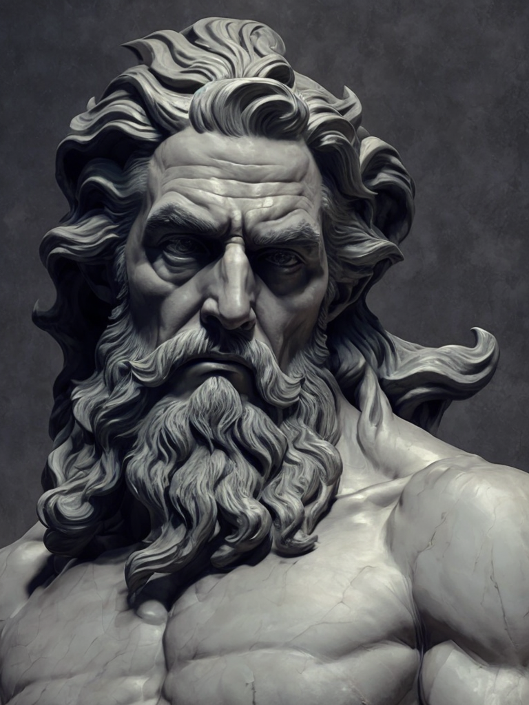 dark marble statue of zeus, dark atmosphere, sharp on details