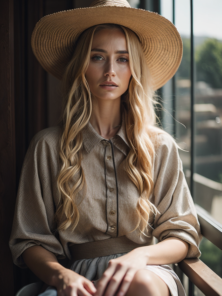 look at camera portrait of elegant woman with long blond hairstyle, sitting on the balcony, in a light summer dress in a straw hat, in the style of movie still, y2k aesthetic, light bronze and dark amber, romantic charm, blink-and-you-miss-it detail, elegantly formal