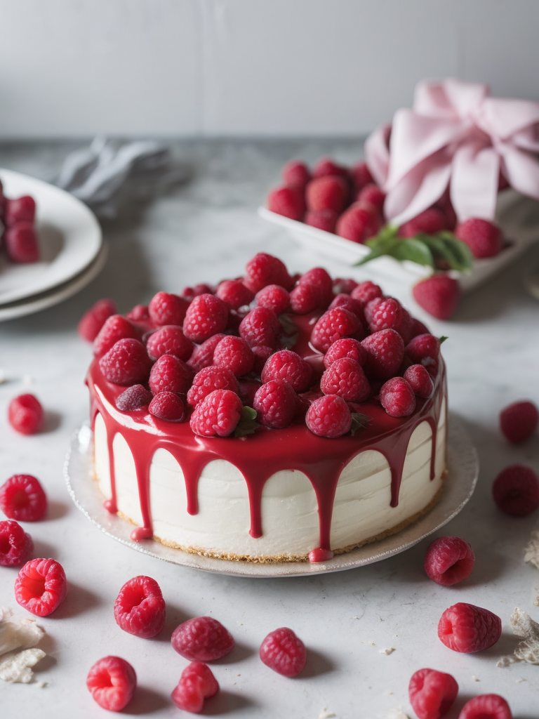 Cake with raspberries, provence atmosphere, dramatic Lighting, Depth of field, Incredibly high detailed