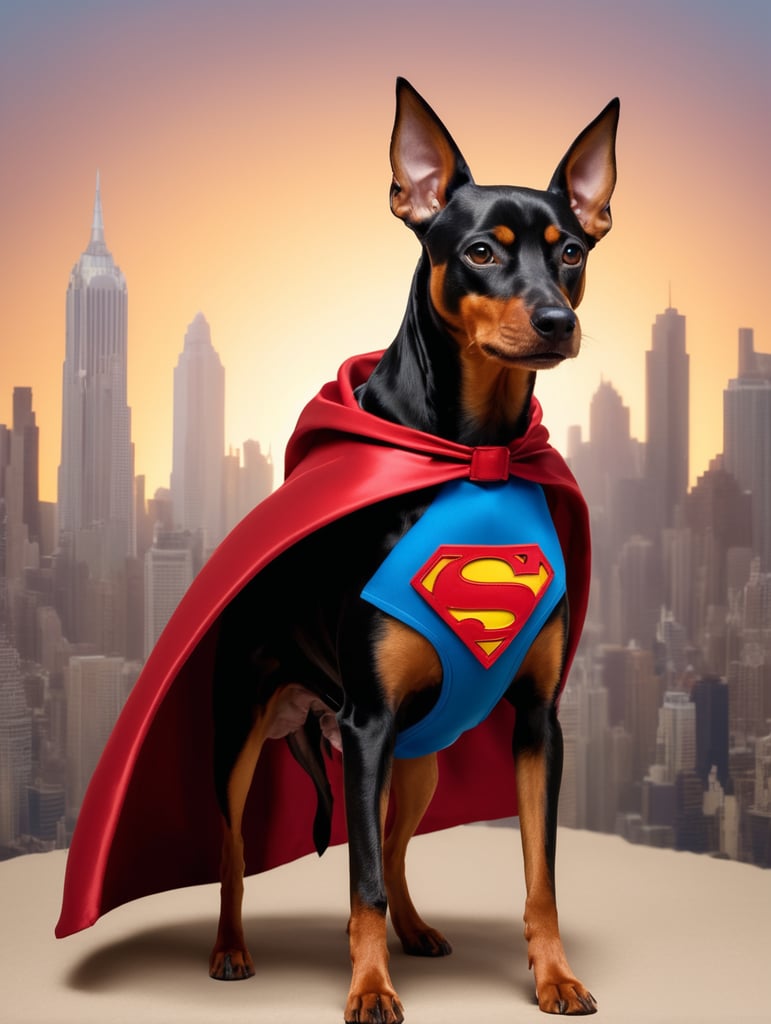 Crie um super cachorro pinscher ( com capa de super herói ) num planeta pequeno só de cachorros