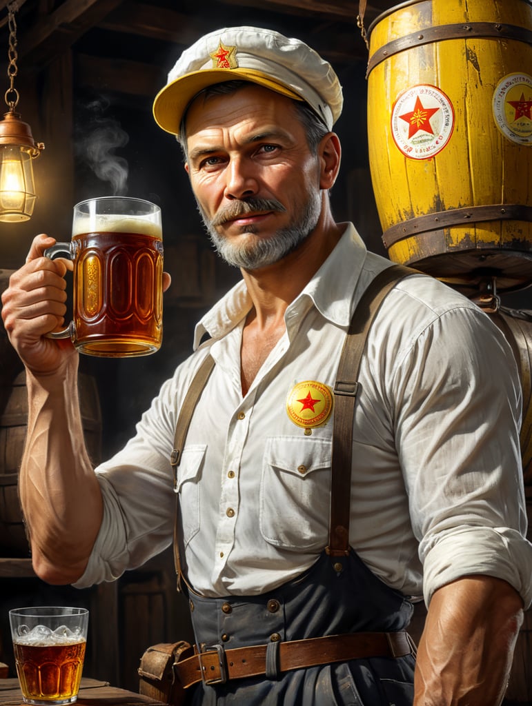 poster, A Soviet man in a white shirt and cap holds a mug of kvass in his hands, a Soviet yellow barrel of kvass can be seen in the background